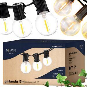 GIRLANDA OGRODOWA LED ŁAŃCUCH ŚWIETLNY 15M 25 x ŻARÓWEK G40 1W PLASTIKOWE