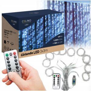 KURTYNA 3X3M 300LED USB DRUCIKI PILOT ZIMNY BIAŁY HACZYKI