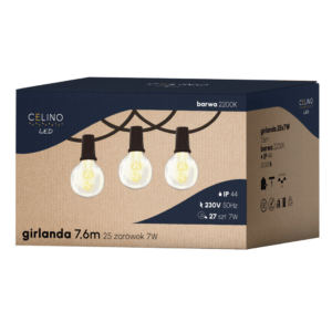 GIRLANDA ŚWIETLNA  OGRODOWA TARASOWA TRWAŁA 25 x 7W G40 SZKŁO E12 7W 7,6M